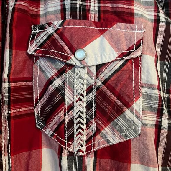 Helix Red Plaid Shirt Athletic Fit Roll L Tab Sleeves Embroidered Country Cherry - Picture 7 of 10